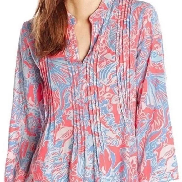Lilly Pulitzer Women’s Sarasota Tunic Pink Sun Ray V-Neck 3/4 Sleeve Top Small - Picture 1 of 12